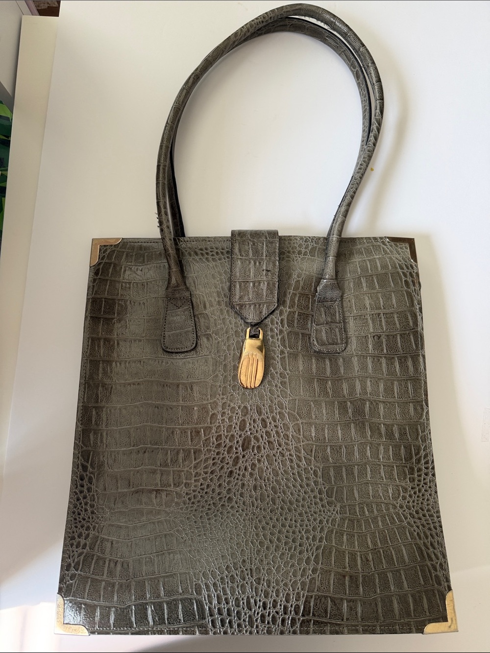 Vtg Vivace Olive Croc-Embossed Tote Bag with Gold Hardware